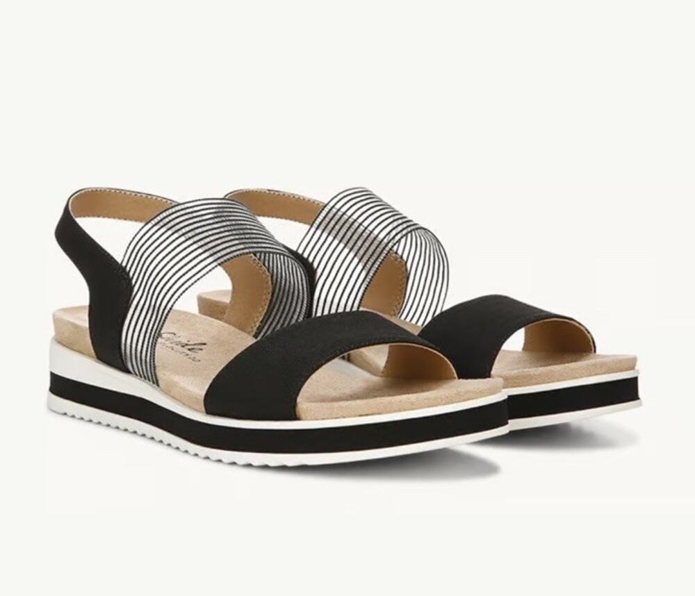 LifeStride Zing Platform Sandals Black 8.5 Cork Wedge Heel Strappy Stretch NWOT